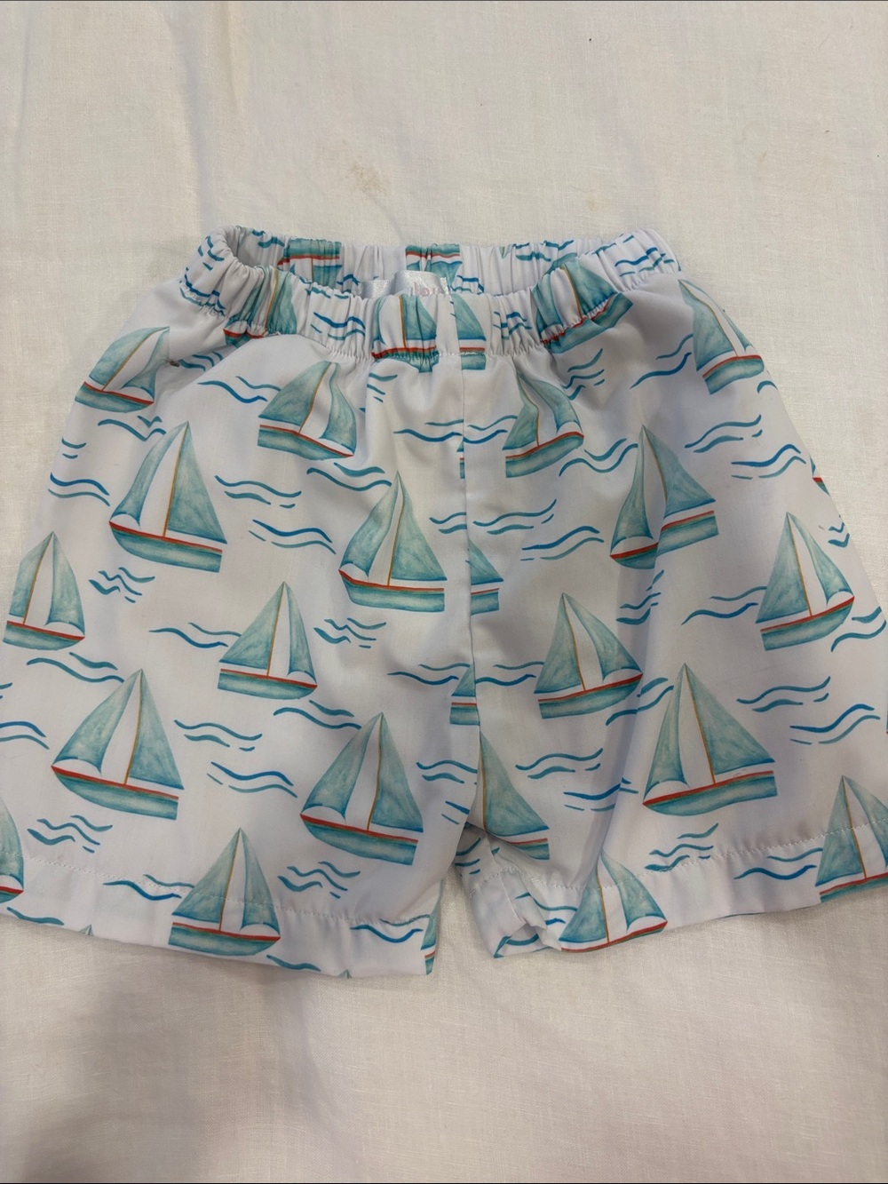 Kids Sailboat Swim Shorts - White with Teal Boats